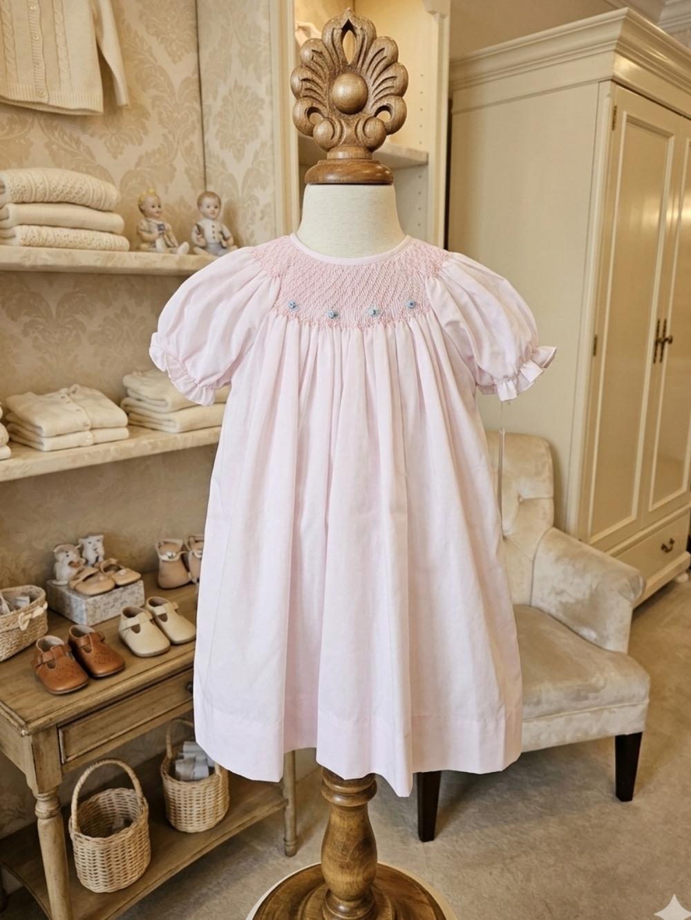 Petit Ami Pink Smocked Heirloom Day Gown + Bonnet Set